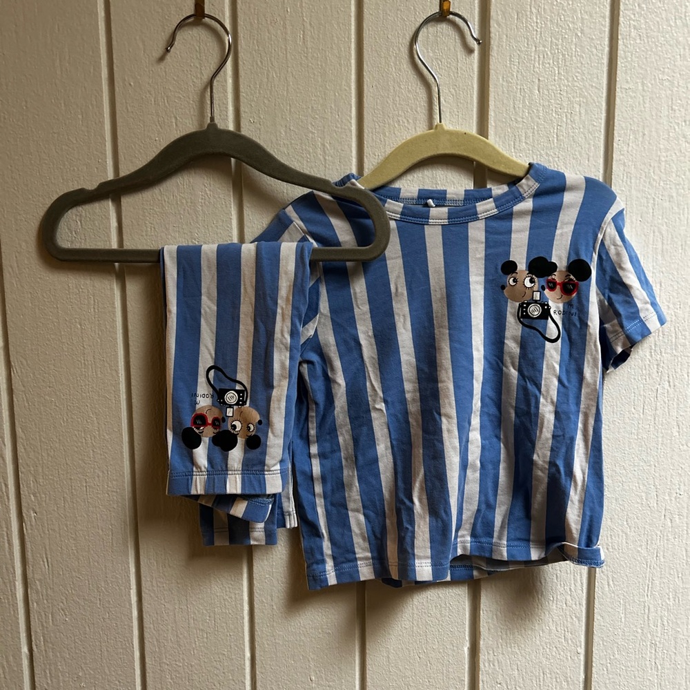 Mini Rodini Blue & White Striped Tee & Leggings Matching Set w/ Ritz Ratz Motif